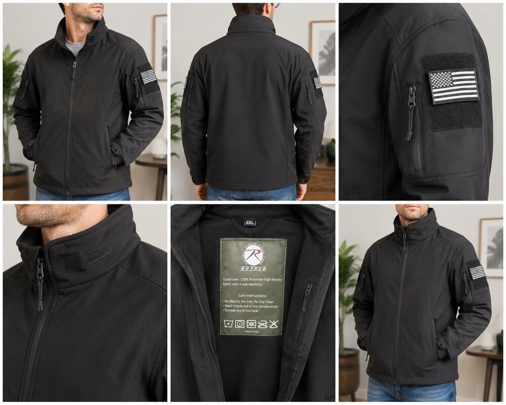 Rothco Tactical Soft Shell Jacket Men’s 2XL Black Fleece Lined Military Flag